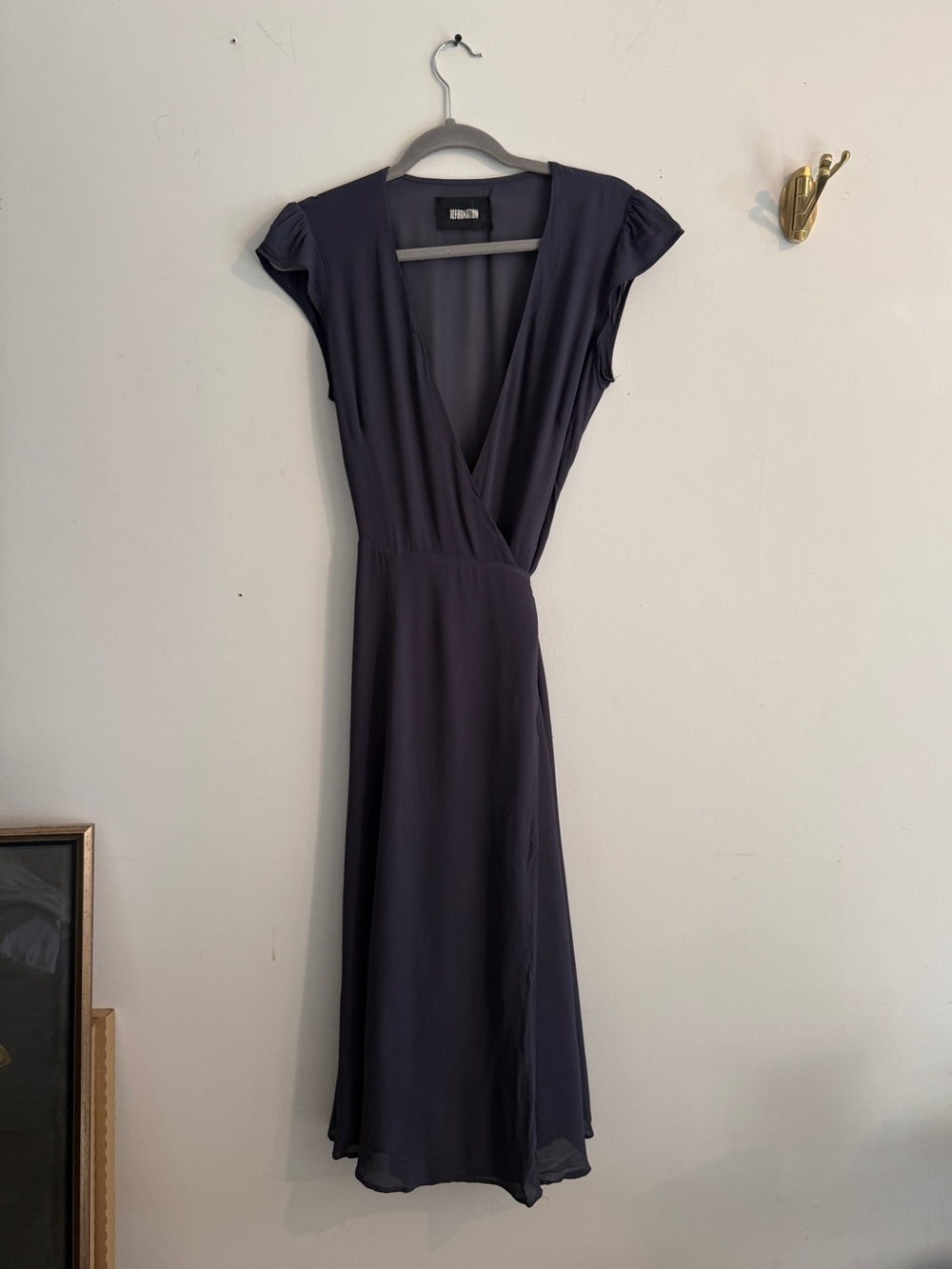 Vintage Reformation Navy Wrap Midi Dress with Cap Sleeves
